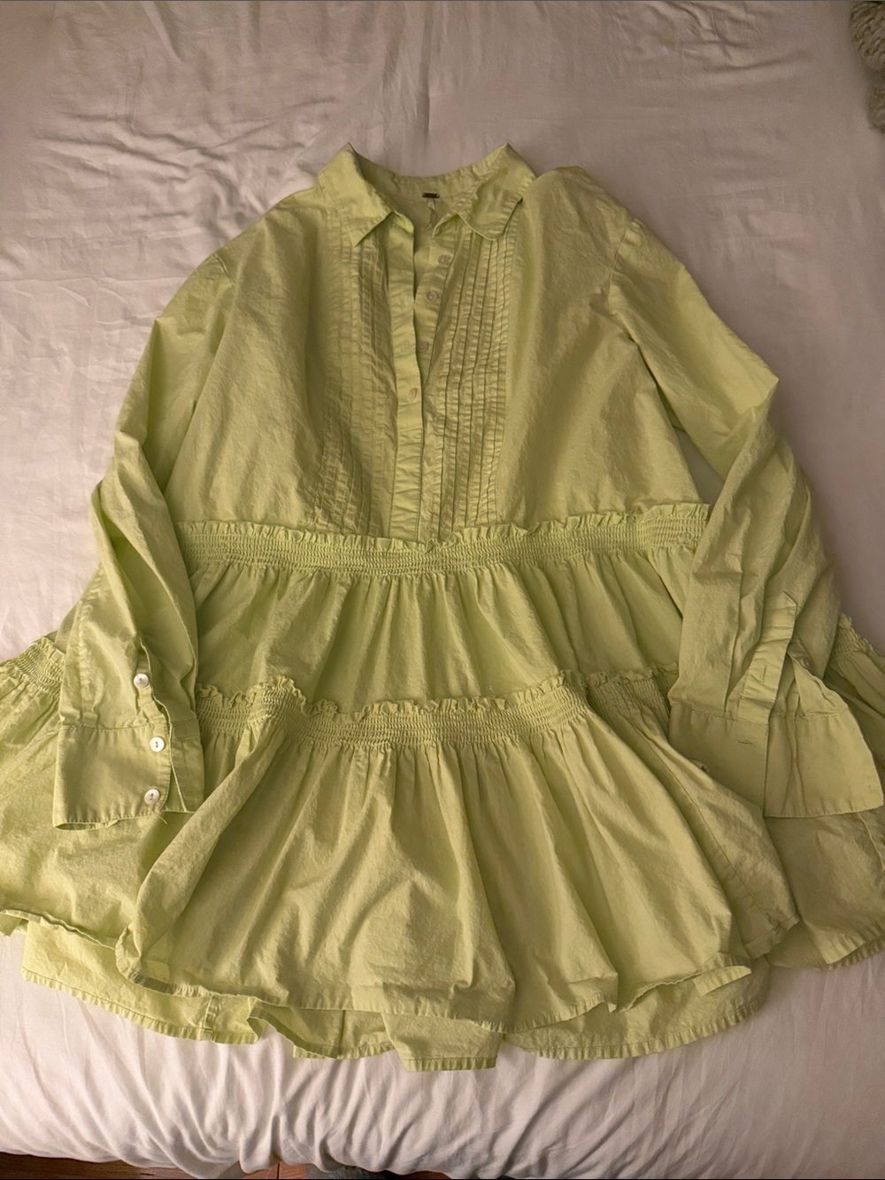 Free People Light Green Long-Sleeve Ruffled dress. Medium